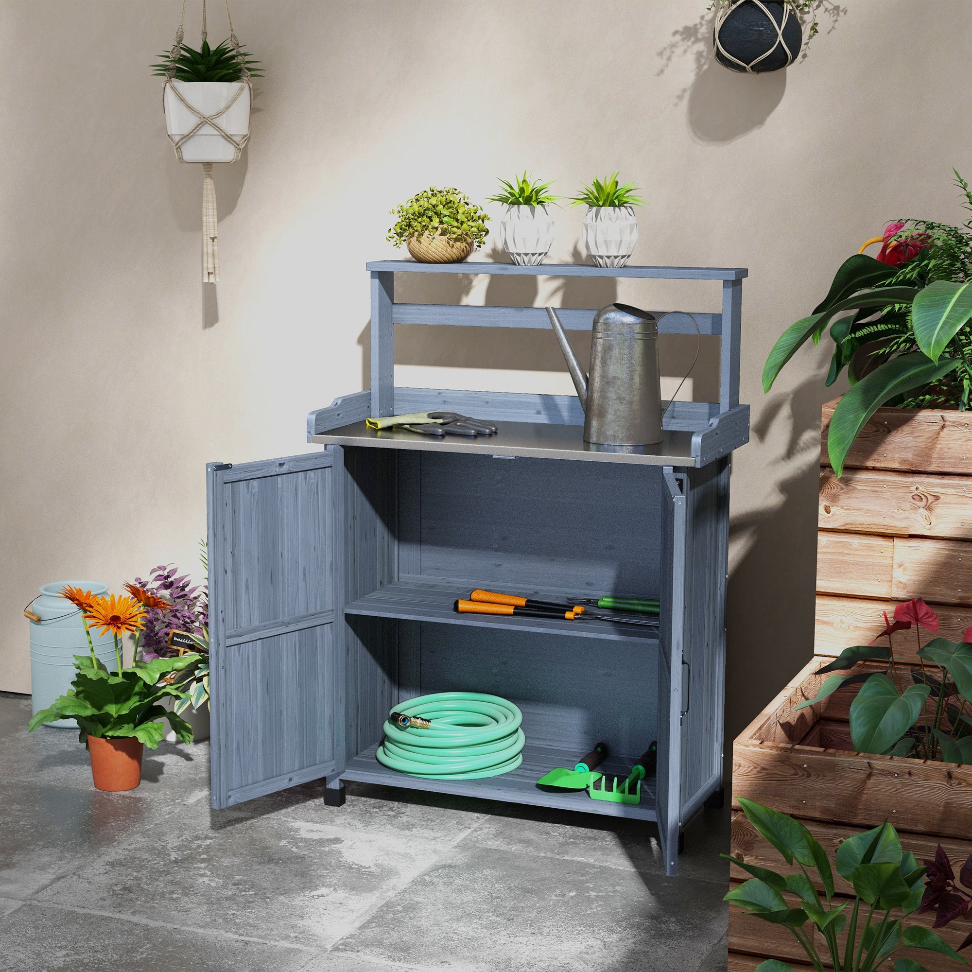 Outdoor Wooden Potting Bench with Storage Cabinet, Shelves, Galvanized Plated Tabletop for Backyard, Balcony