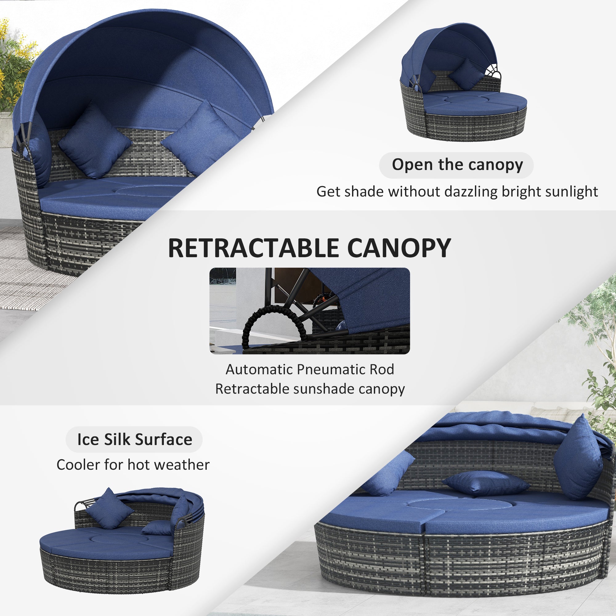 4-Piece Round Convertible Daybed with Cushions, Outdoor PE Rattan Patio Wicker Sofa Set, Sunbed with Adjustable Sun Canopy, Sectional Sofa, 2 Chairs, Table, 3 Pillows