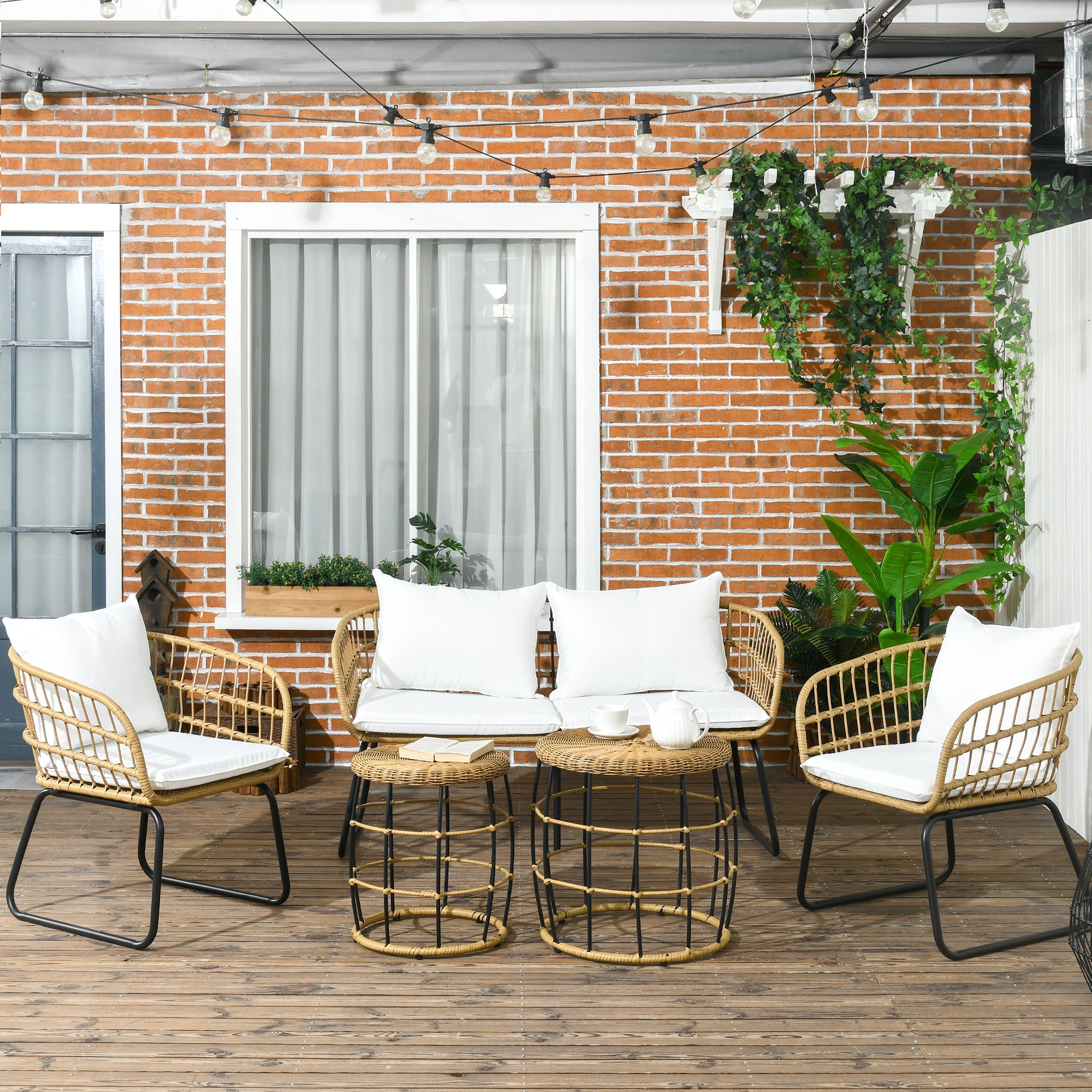 5 Piece PE Rattan Outdoor Furniture Set with Cushioned Chairs, Loveseat Sofa & Stackable Coffee Tables