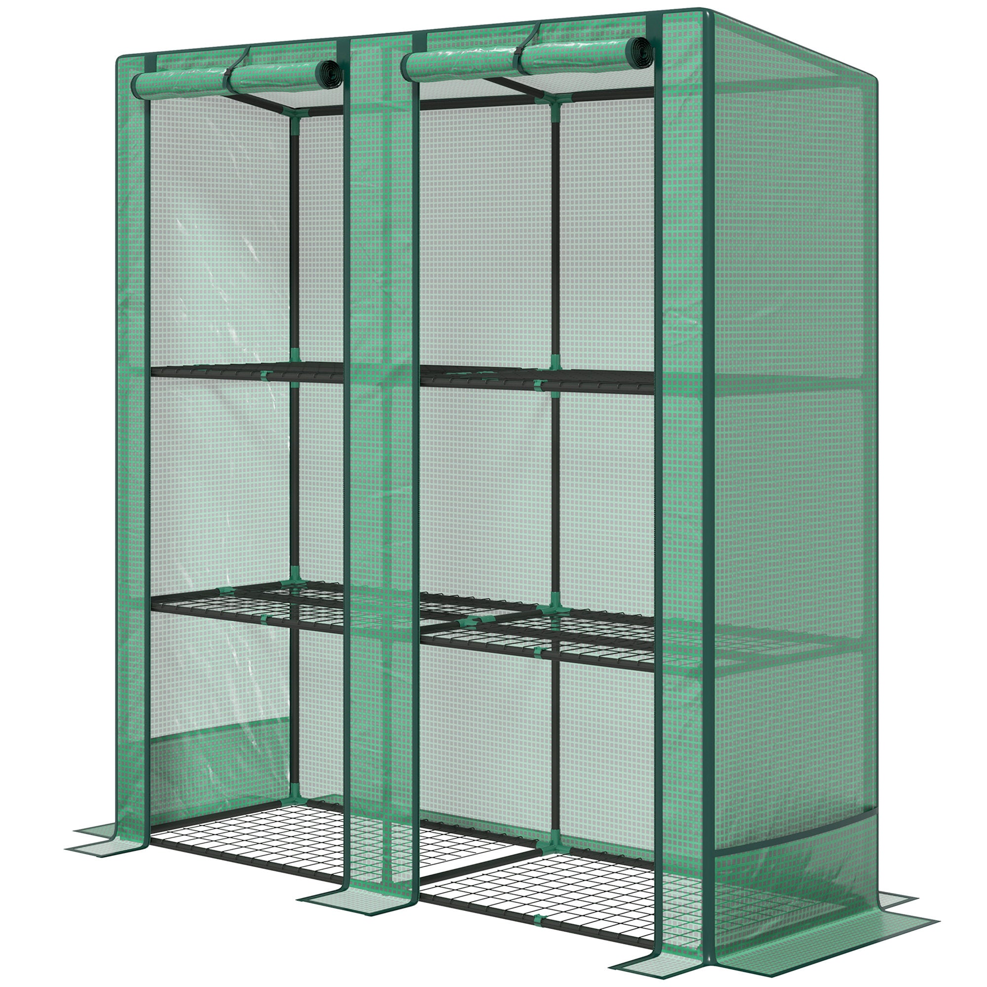 Lean-to Greenhouse with 3 Tier Shelves, Portable Greenhouse with PE Cover, 2 Roll-Up Doors, 56.7" x 18.9" x 59.8", Green