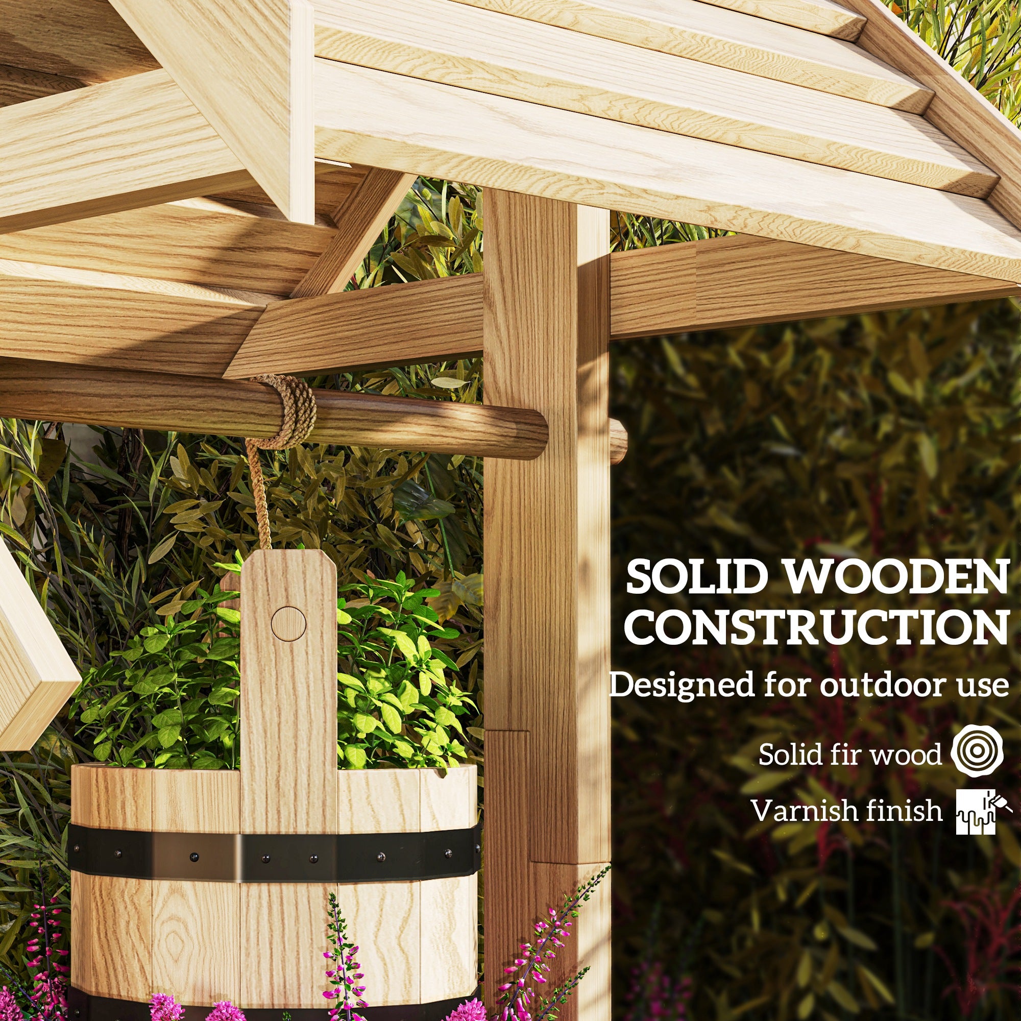 Wood Wishing Well for Outside with Hanging Bucket, Wishing Well Planter with Drain Hole for Garden Patio