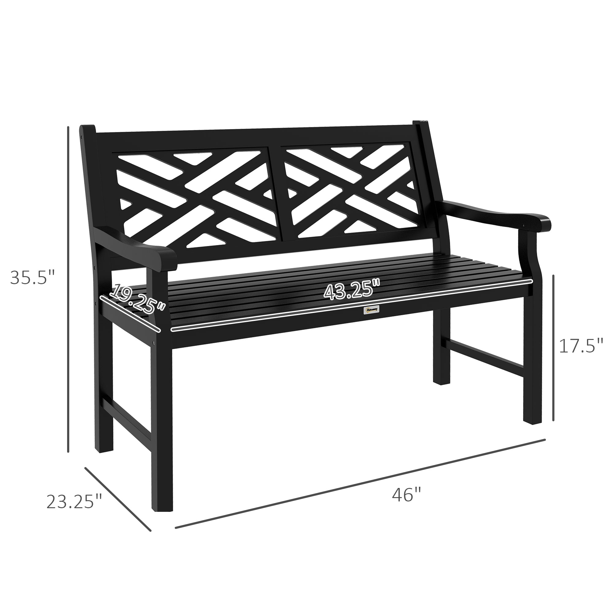 Outdoor Garden Bench, Wooden Frame Patio Bench with Geometric Pattern, 43.25 Inch Weatherproof 2-Person Love Seat for Garden, Lawn, Porch, Yard, Work Entryway, Black