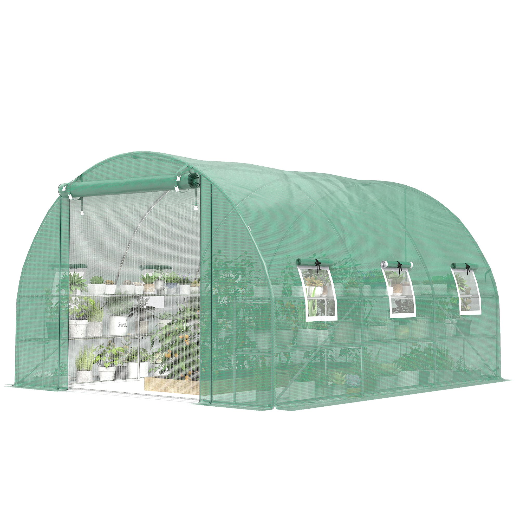 10'x11'x6' Walk-in Tunnel Greenhouse with Shelves, Mesh Door and Windows, Hoop House Greenhouse with PE Cover