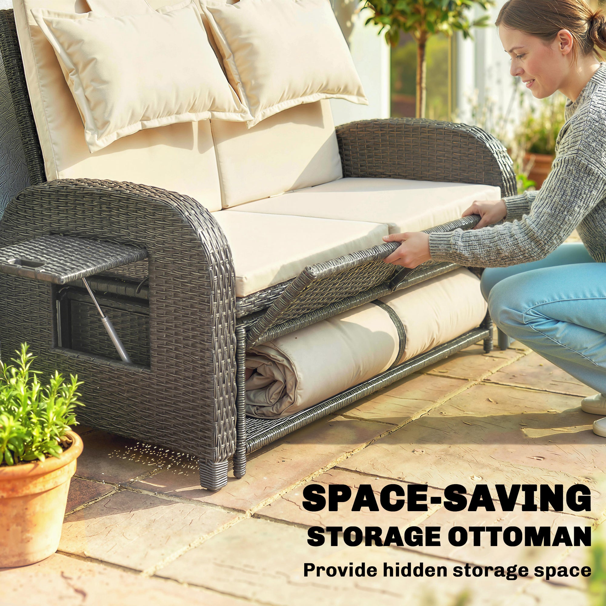 Patio Rattan Daybed, Wicker Outdoor Daybed with Storage Ottoman, Loveseat w/ Adjustable Backrest