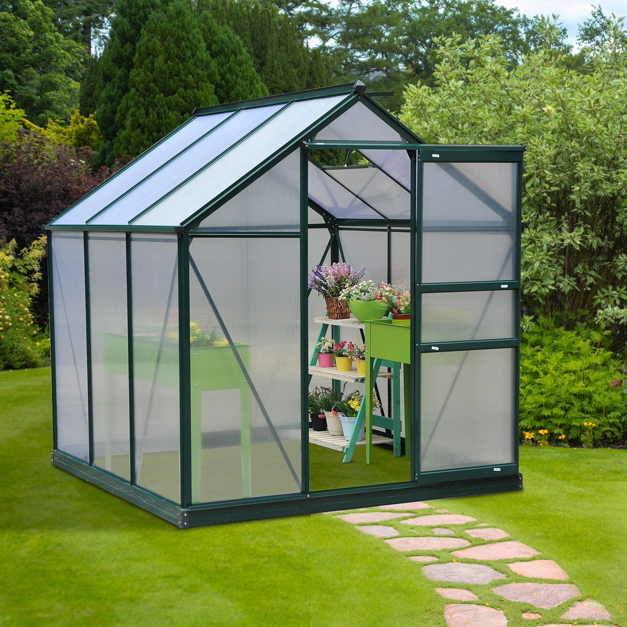 6' x 6' Greenhouse for Outdoors, Polycarbonate Greenhouse with Rain Gutter and Roof Vent, Aluminum Walk-in Green Houses for Outside for Patio Backyard Garden, Dark Green