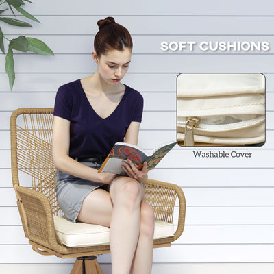 Patio Swivel Chairs Set of 2, Rattan Patio Dining Chairs with Soft Cushions for Backyard, Lawn, Porch, or Garden, Khaki