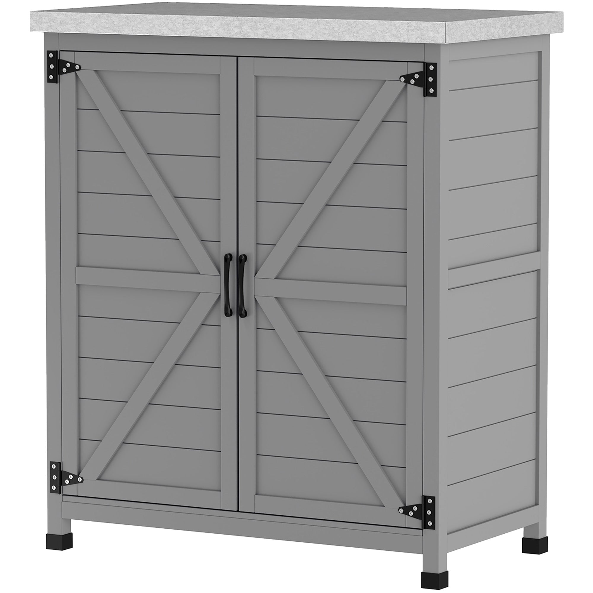 Wooden Storage Cabinet, Outdoor Prep Table with Metal Tabletop, Shelves and Double Doors for Patio, Garden