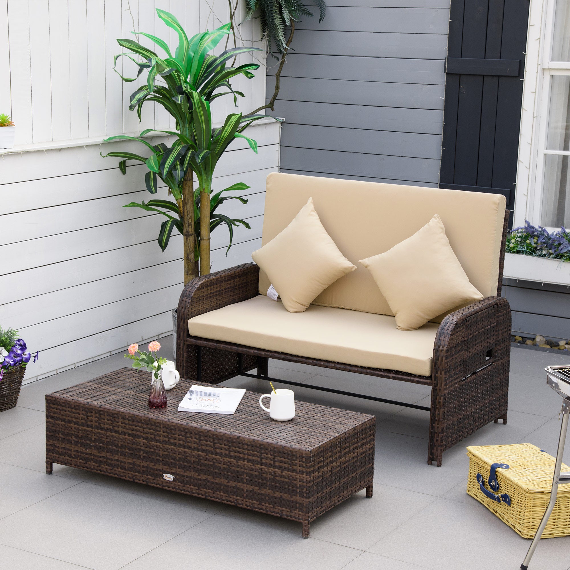 Patio Rattan Daybed with Cushions, Wicker Outdoor Bed Lounger w/ Loveseat, Storage Ottoman, Coffee & Side Tables, for Poolside, Porch, Backyard, Beige