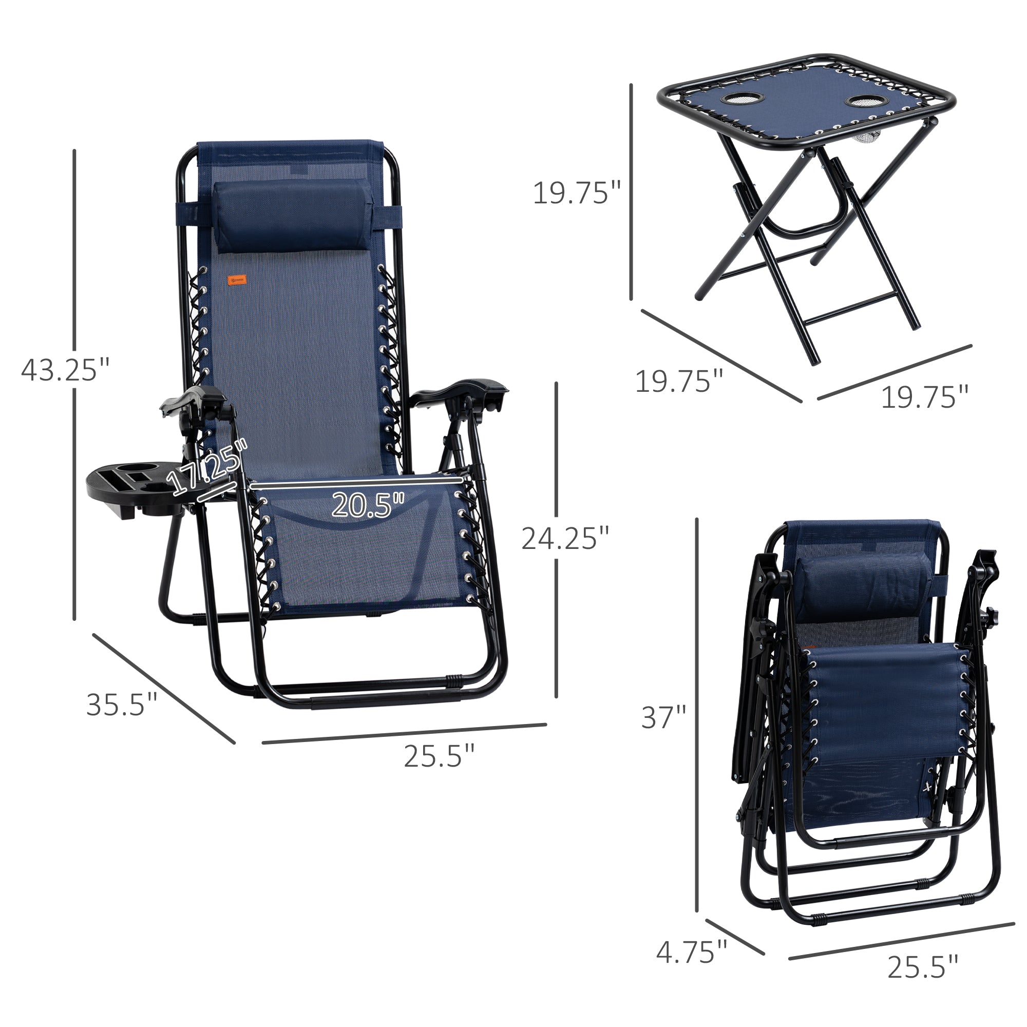 Zero Gravity Chair Set with Side Table, Folding Reclining Chair with Cupholders & Pillows, Adjustable Lounge Chairs for Pool, Backyard, Lawn, Beach