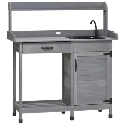 Potting Bench Table with Removable Sink, Outdoor Work Bench Table with Storage Cabinet, Hooks, Faucet and Drawer for Greenhouse, Garden, Patio