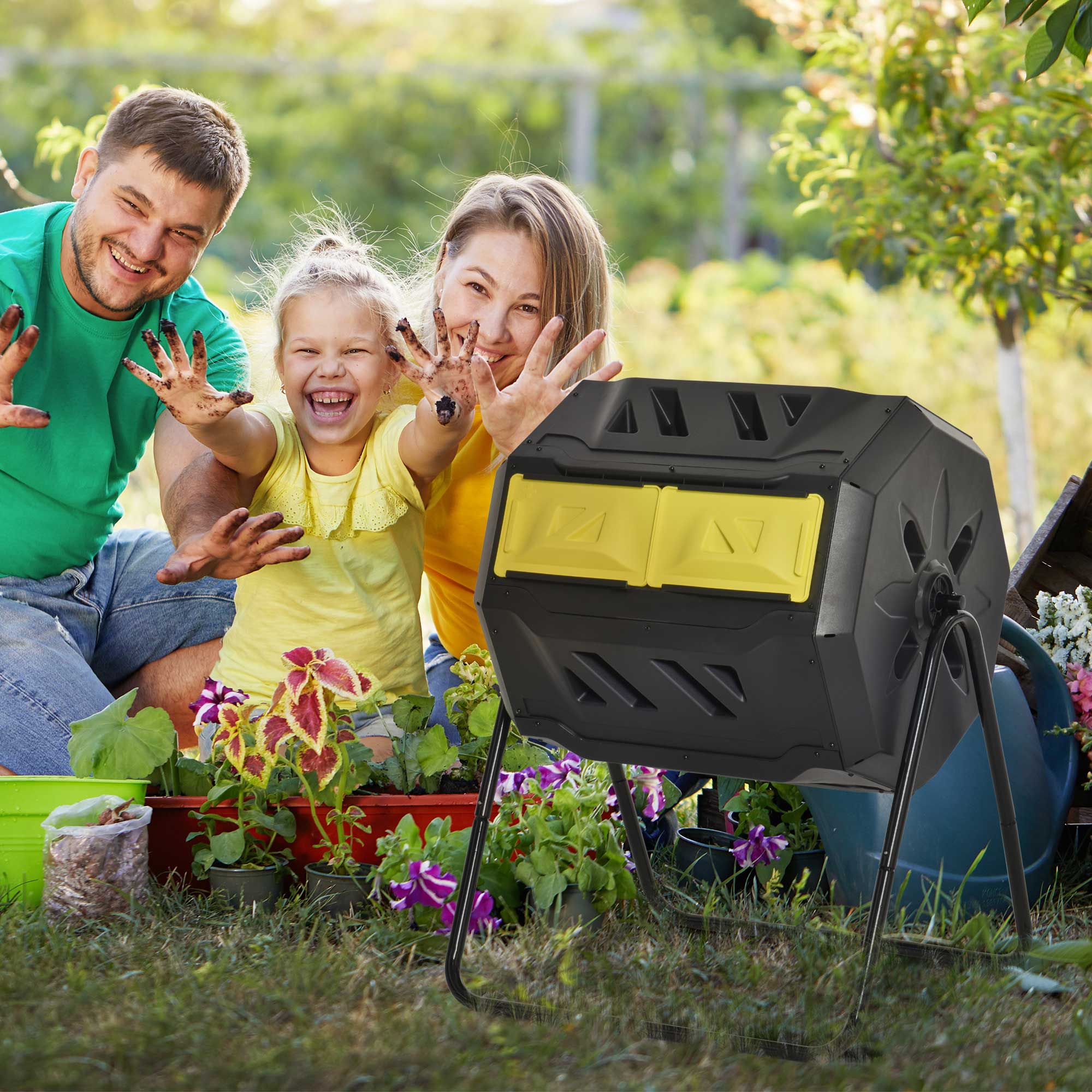 Tumbling Compost Bin Outdoor 360° Dual Chamber Rotating Composter 43 Gallon