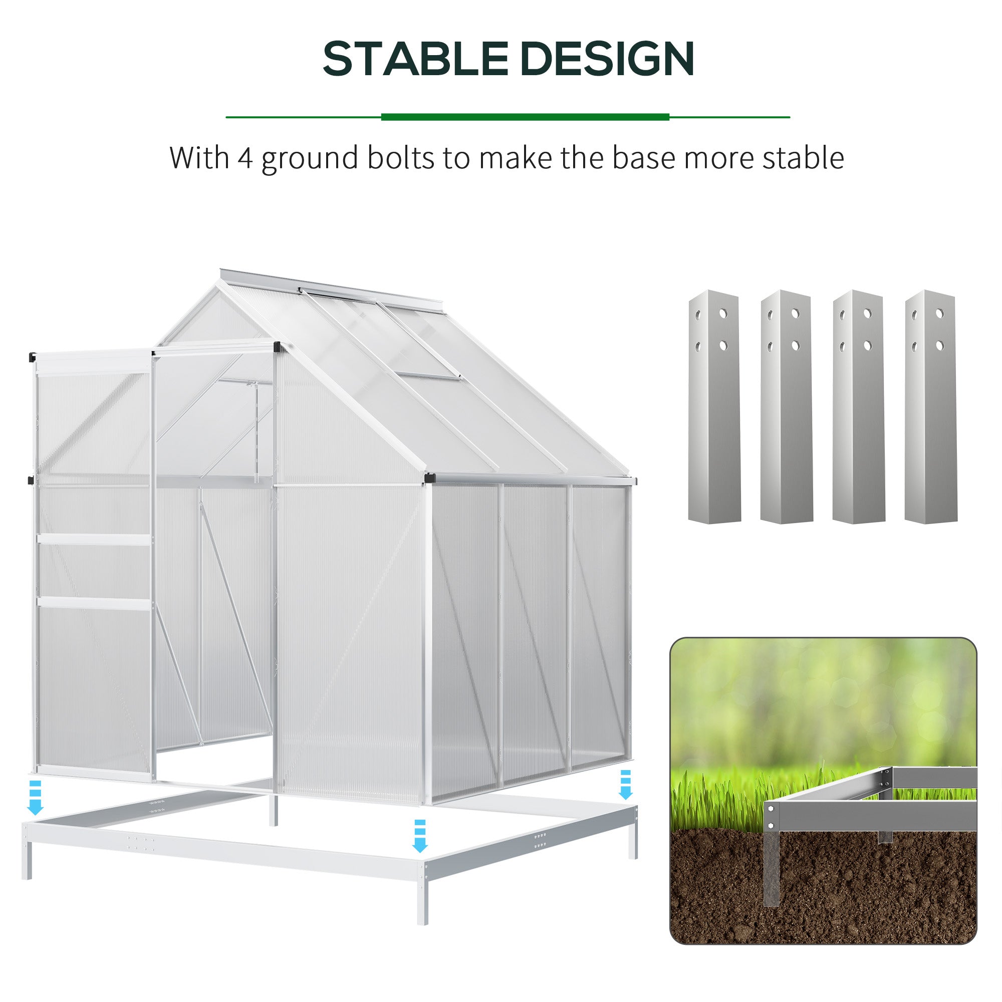 6' x 6' x 6.5' Polycarbonate Greenhouse with Aluminum Frame, Walk-in Heavy Duty Green House with Adjustable Roof Vent, Rain Gutter and Sliding Door for Winter, Silver