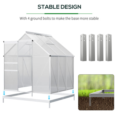 6' x 6' x 6.5' Polycarbonate Greenhouse with Aluminum Frame, Walk-in Heavy Duty Green House with Adjustable Roof Vent, Rain Gutter and Sliding Door for Winter, Silver