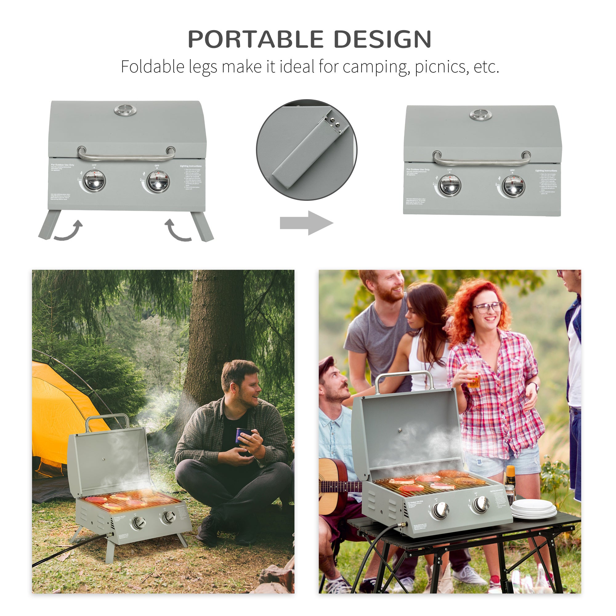 21.75" Charcoal BBQ, Portable Grill with 2 Burners, Heat-Resistant Handle, Folding Legs, Removable Ashtray, Thermometer, Carbon Steel, for Outdoor Cooking, Camping