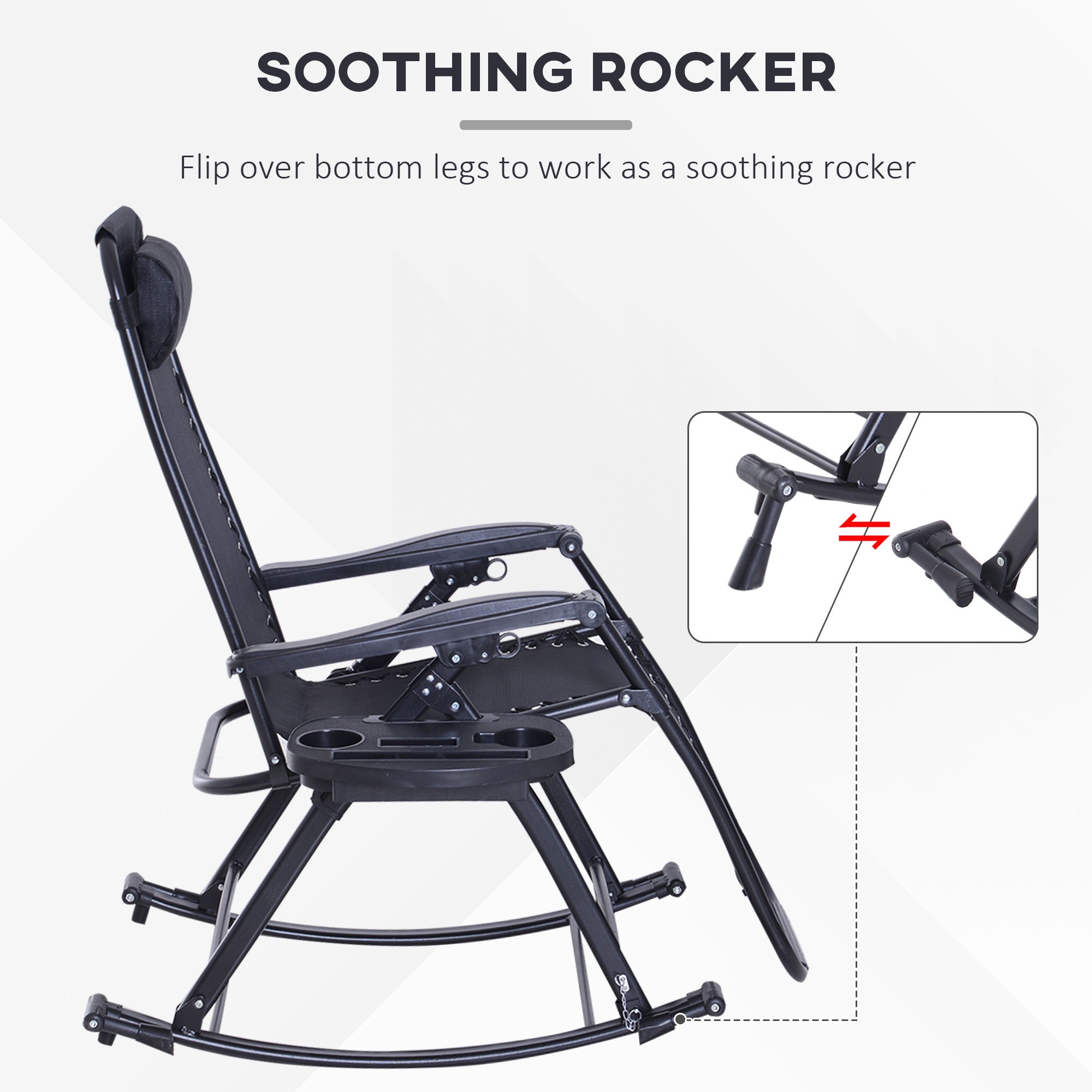 Outdoor Rocking Chairs, Foldable Reclining Zero Gravity Lounge Rocker with Pillow, Cup & Phone Holder, Combo Design with Folding Legs