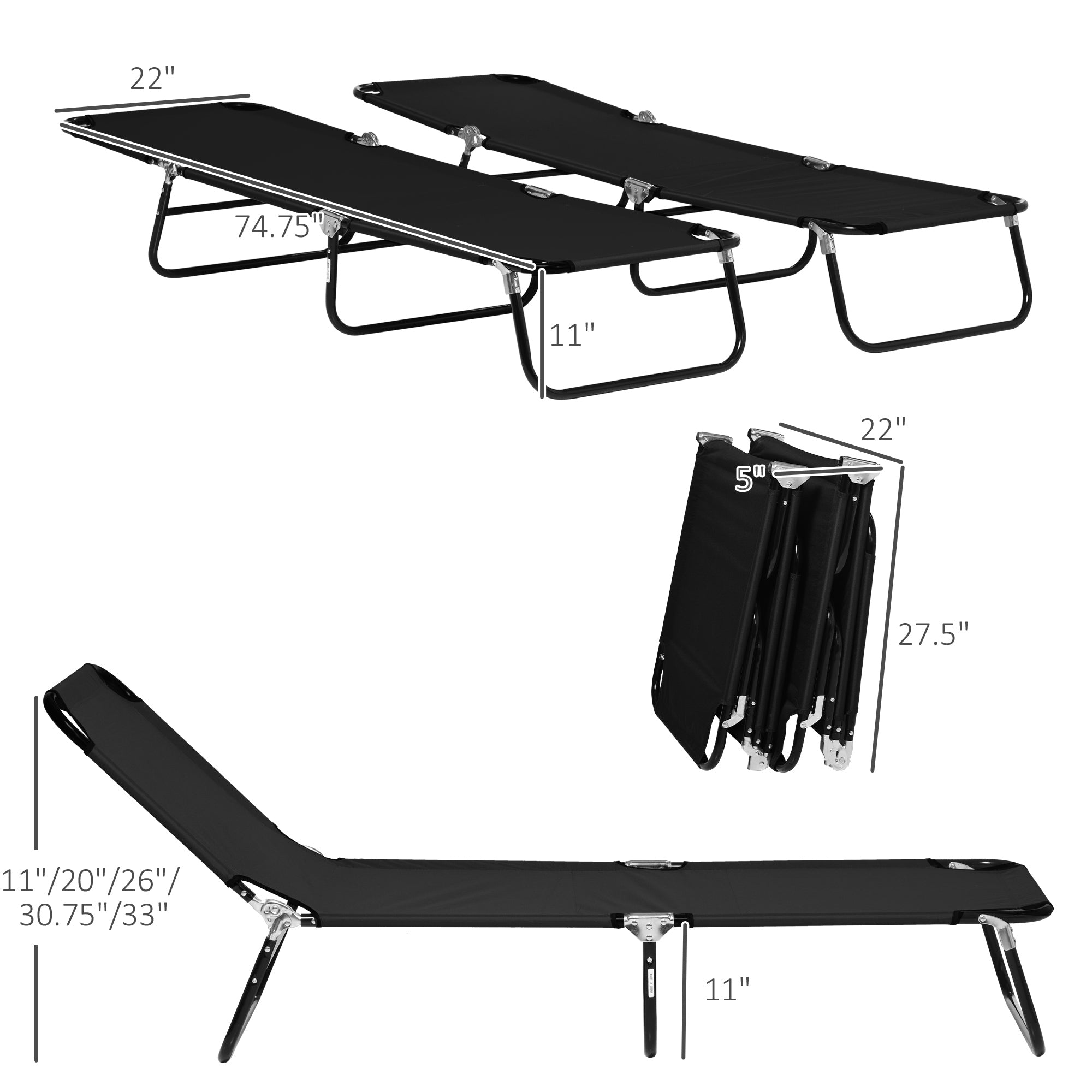 2 Piece Folding Chaise Lounge Pool Chairs, Outdoor Sun Tanning Chairs with 5-Level Reclining Back, Steel Frame for Beach, Yard, Patio