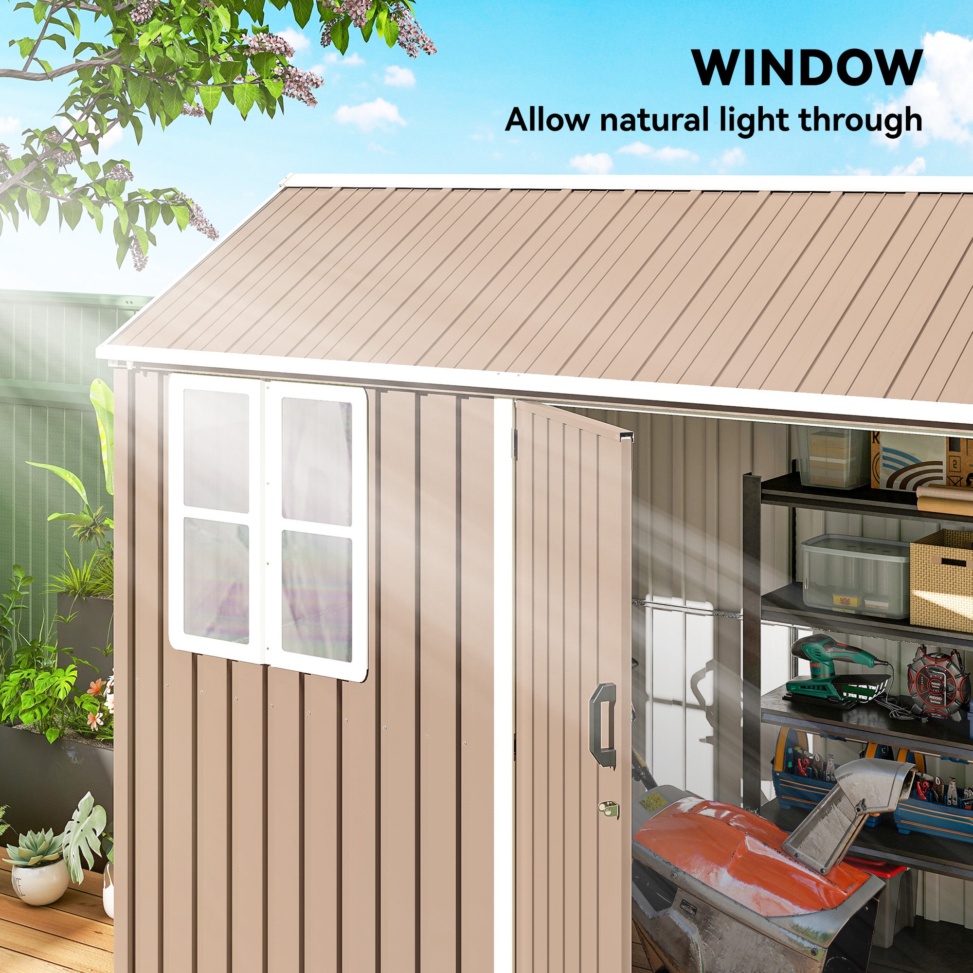 8' x 5.5' Metal Garden Storage Shed, Extra Large Outdoor Tool Storage House w/Lockable Doors, Window, Air Vents