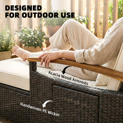 Rattan Outdoor Daybed w/4-Level Adjustable Backrest, Patio Sofa Bed w/Storage Ottoman, Acacia Wood Armrest