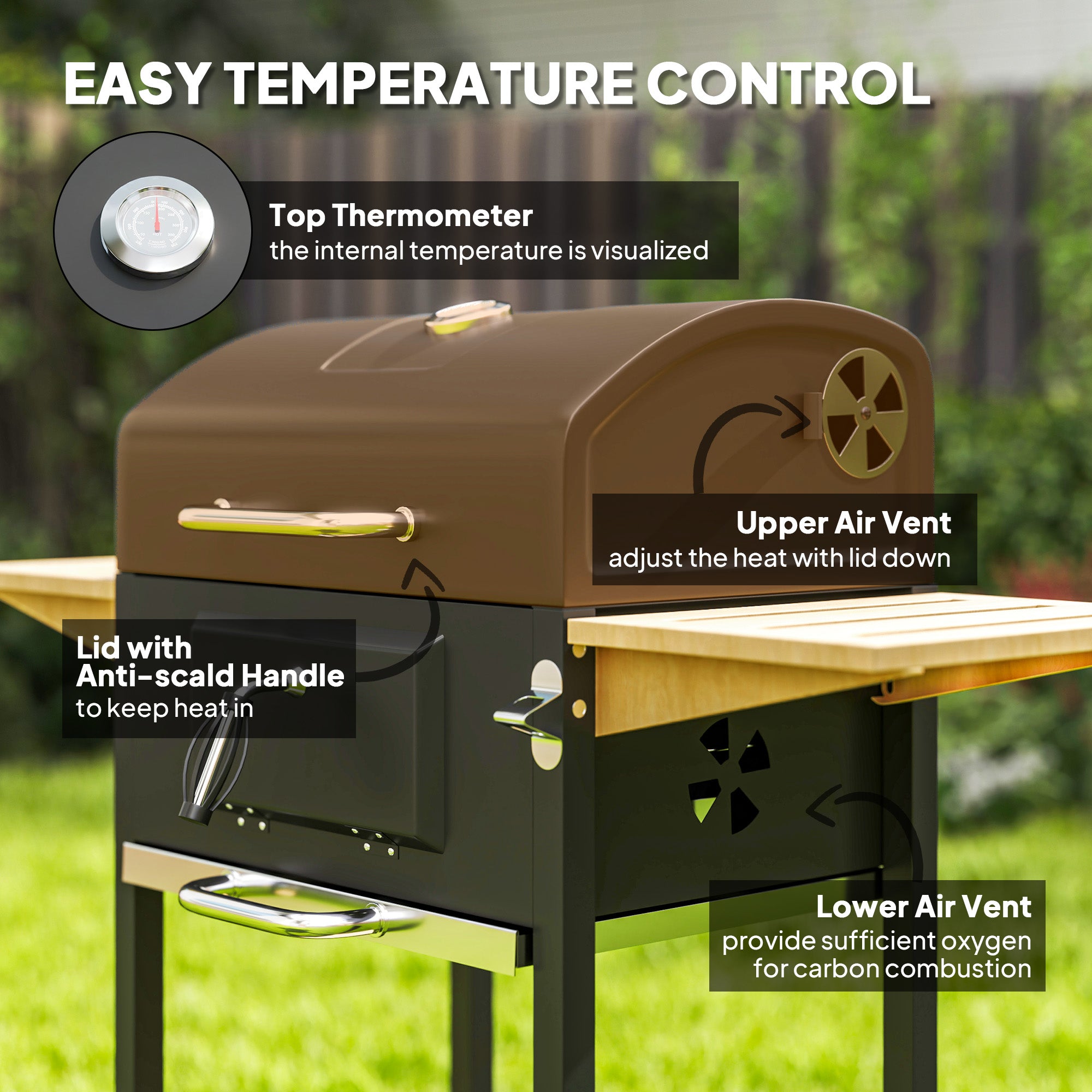 Charcoal BBQ Grill with 245 sq. in. Cooking Area, Adjustable Charcoal Pan, 3 Shelves, Thermometer, Black