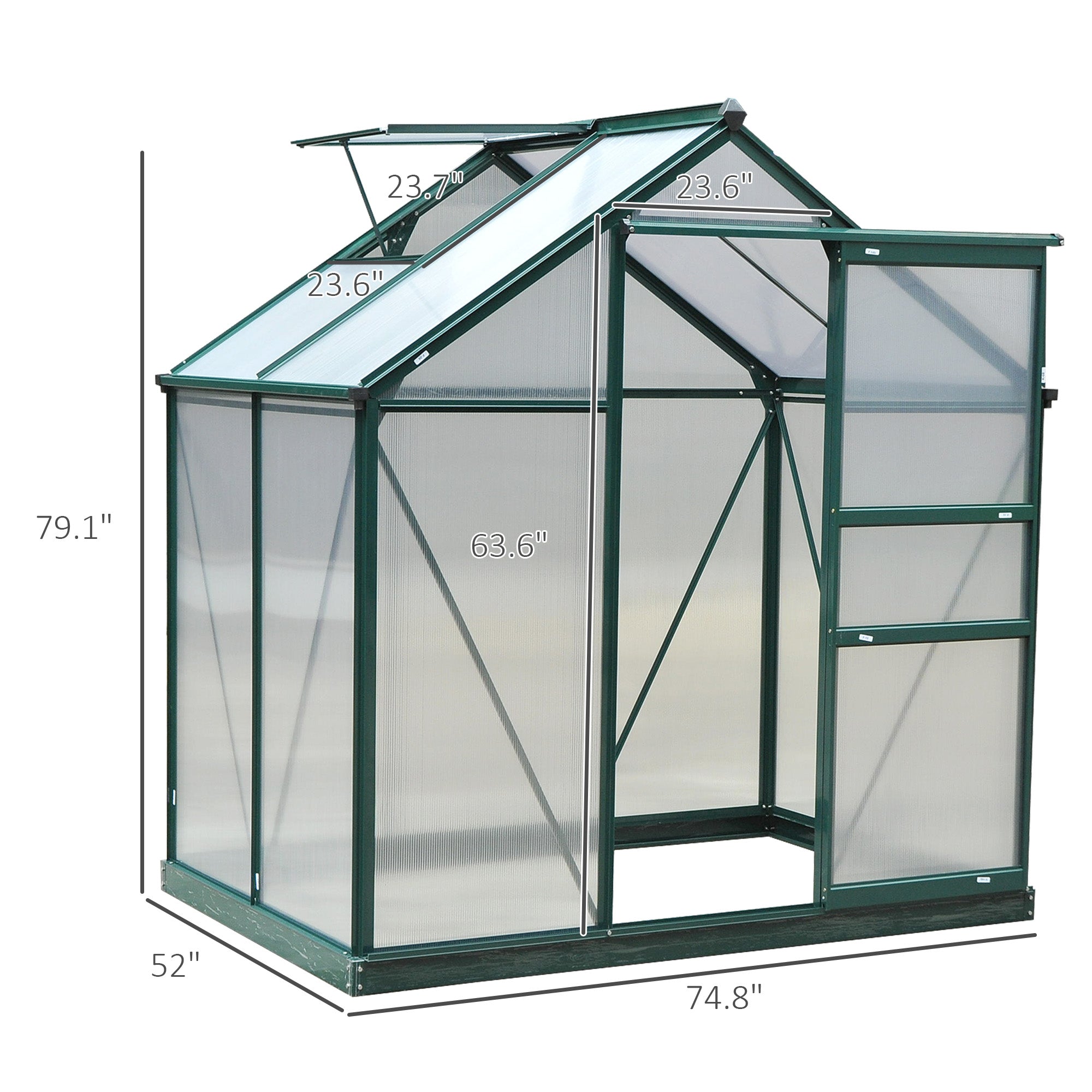 6' x 4' Greenhouse for Outdoors, Polycarbonate Greenhouse with Rain Gutter and Roof Vent, Aluminum Walk-in Green Houses for Outside for Patio Backyard Garden, Dark Green