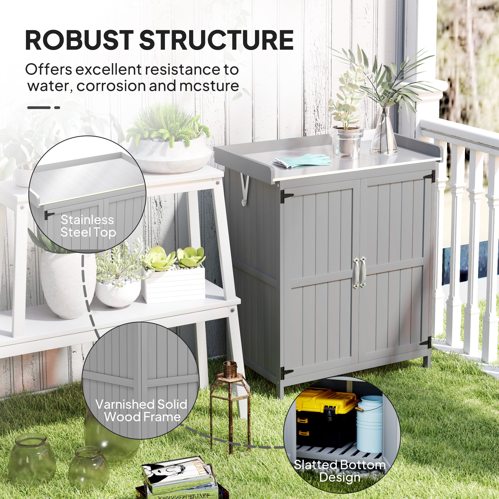 Outdoor Storage Cabinet, Garden Tool Shed with Metal Tabletop and Shelf, Wooden Potting Bench with 2 Doors