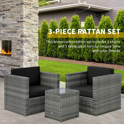 Wicker Bistro Patio Set, 2 Porch Chairs & Glass Table, Black