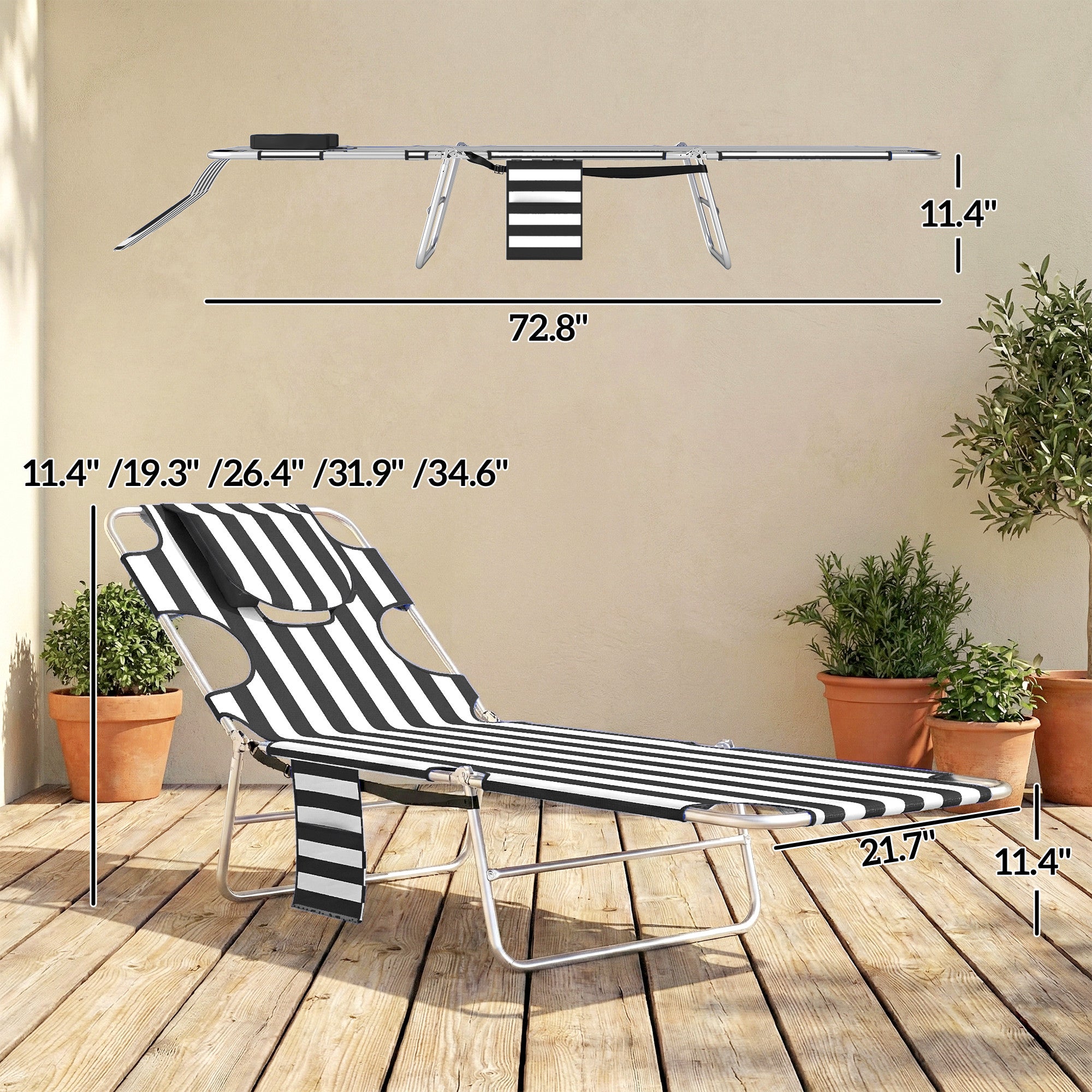 Tanning Chair with Face Hole, 5-Level Adjustable Outdoor Chaise Lounge Chair with Pillow for Beach, Pool