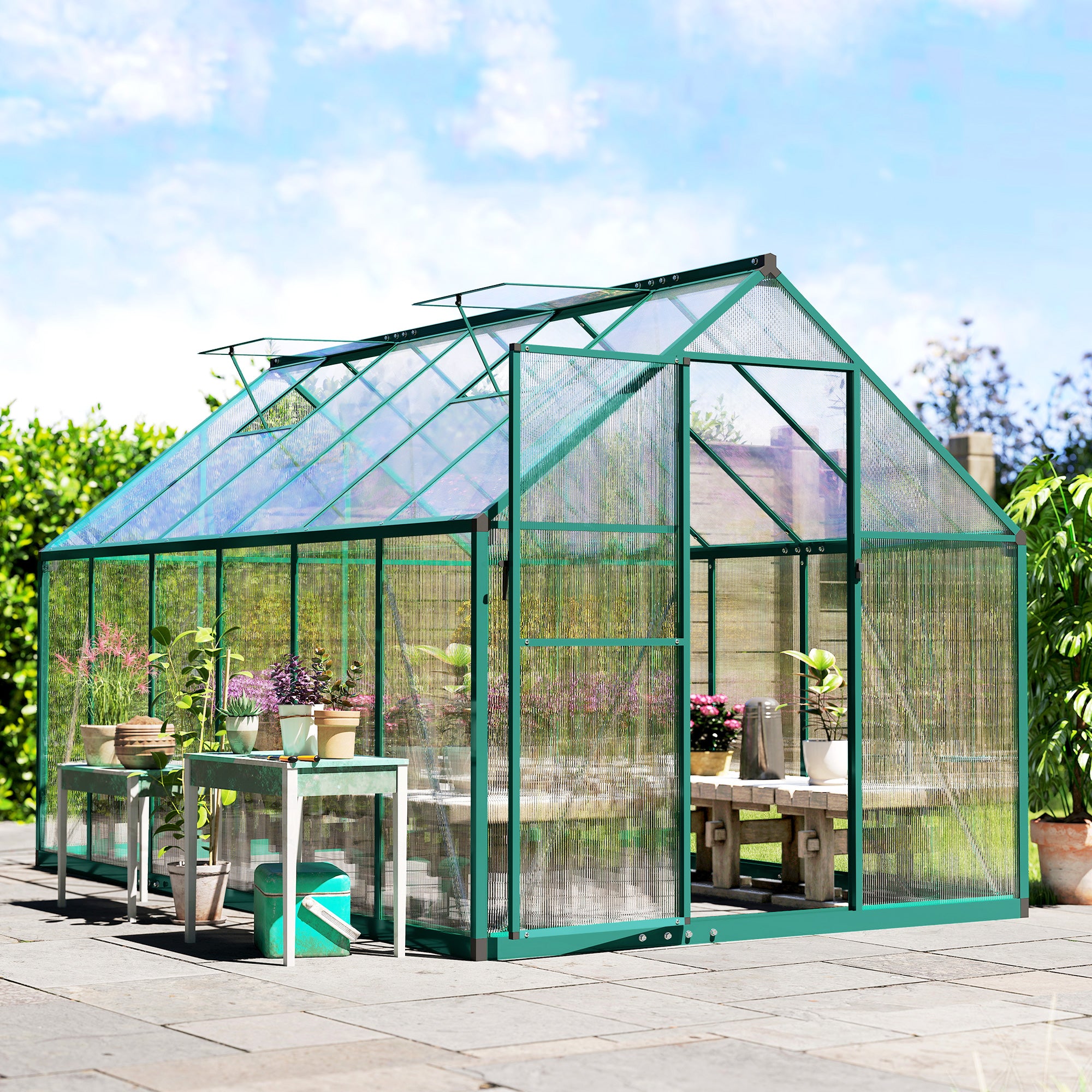 Polycarbonate Greenhouse with Swing Door and Two Adjustable Roof Vents, Aluminum Walk-in Greenhouse, 11x6 ft