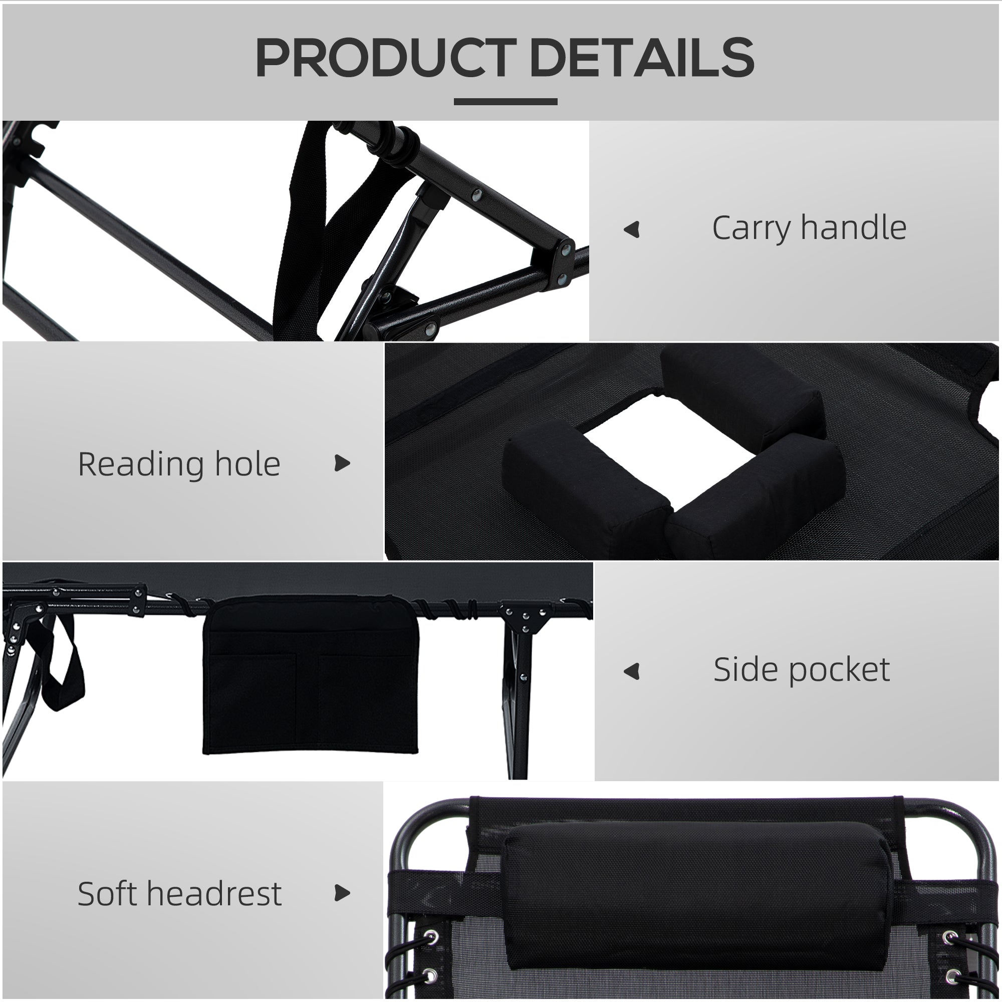 2 Piece Folding Chaise Lounge Pool Chairs with 5-level Reclining Back, Reading Hole, Side Pocket