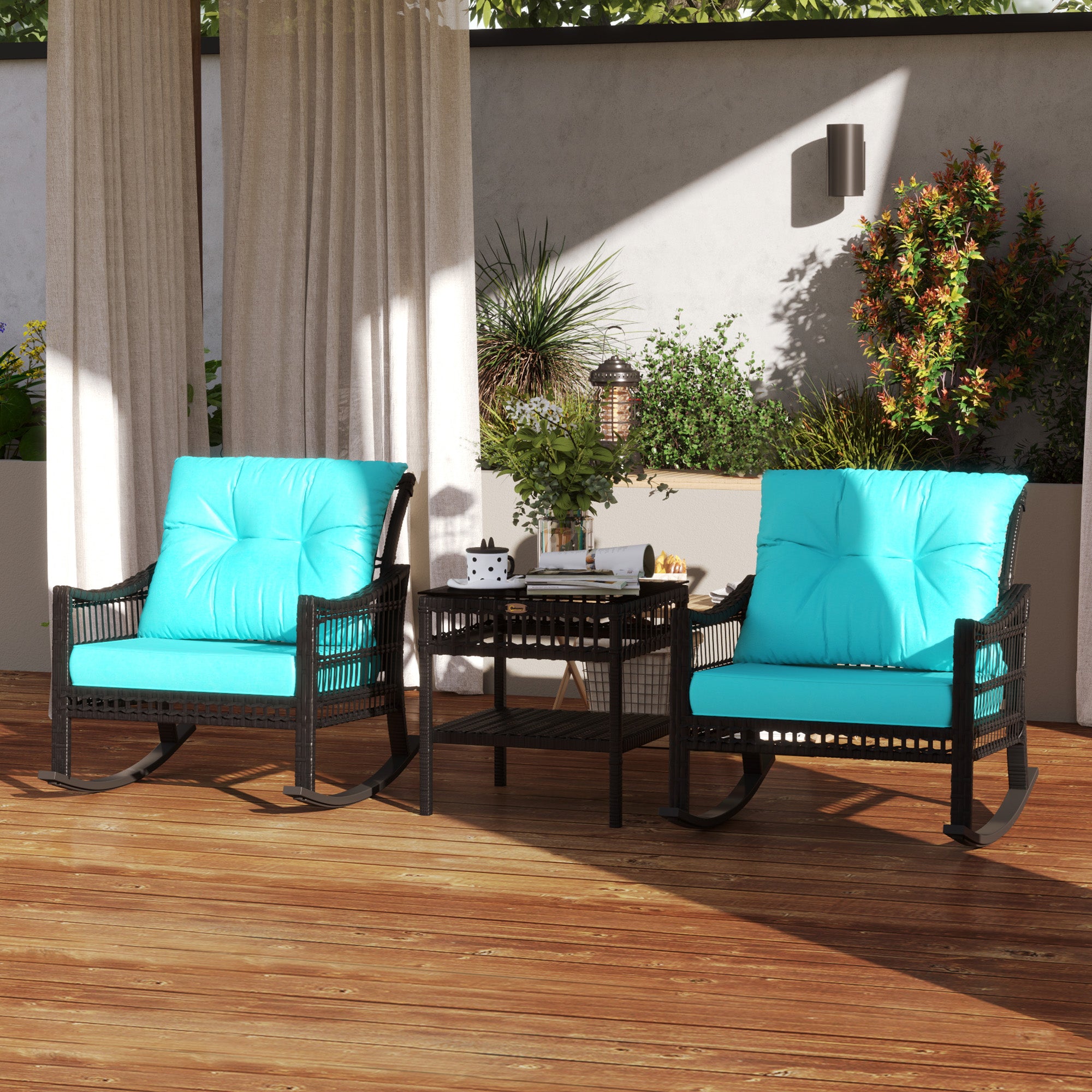 3 Piece Outdoor PE Rattan Rocker Chair Set, Rocking Chair with Tempered Glass Table Top