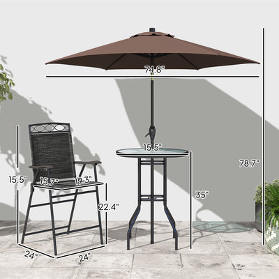 4 Piece Outdoor Bar Set with Umbrella, Patio Dining Set with 2 Folding Chairs, Wave Textured Tempered Glass Table for Backyard, Garden, Deck, Poolside