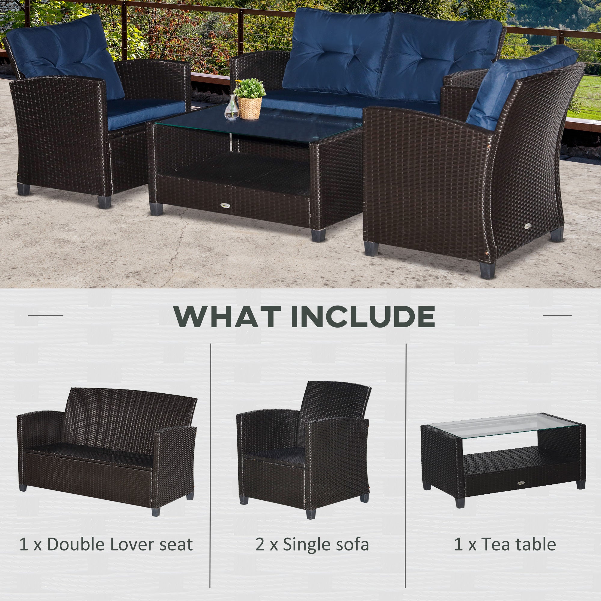 4 Pieces Patio Furniture Sets with Cushions, PE Rattan Wicker Conversation Chairs with Two-Tier Coffee Table for Backyard Porch Garden Poolside and Deck, Blue
