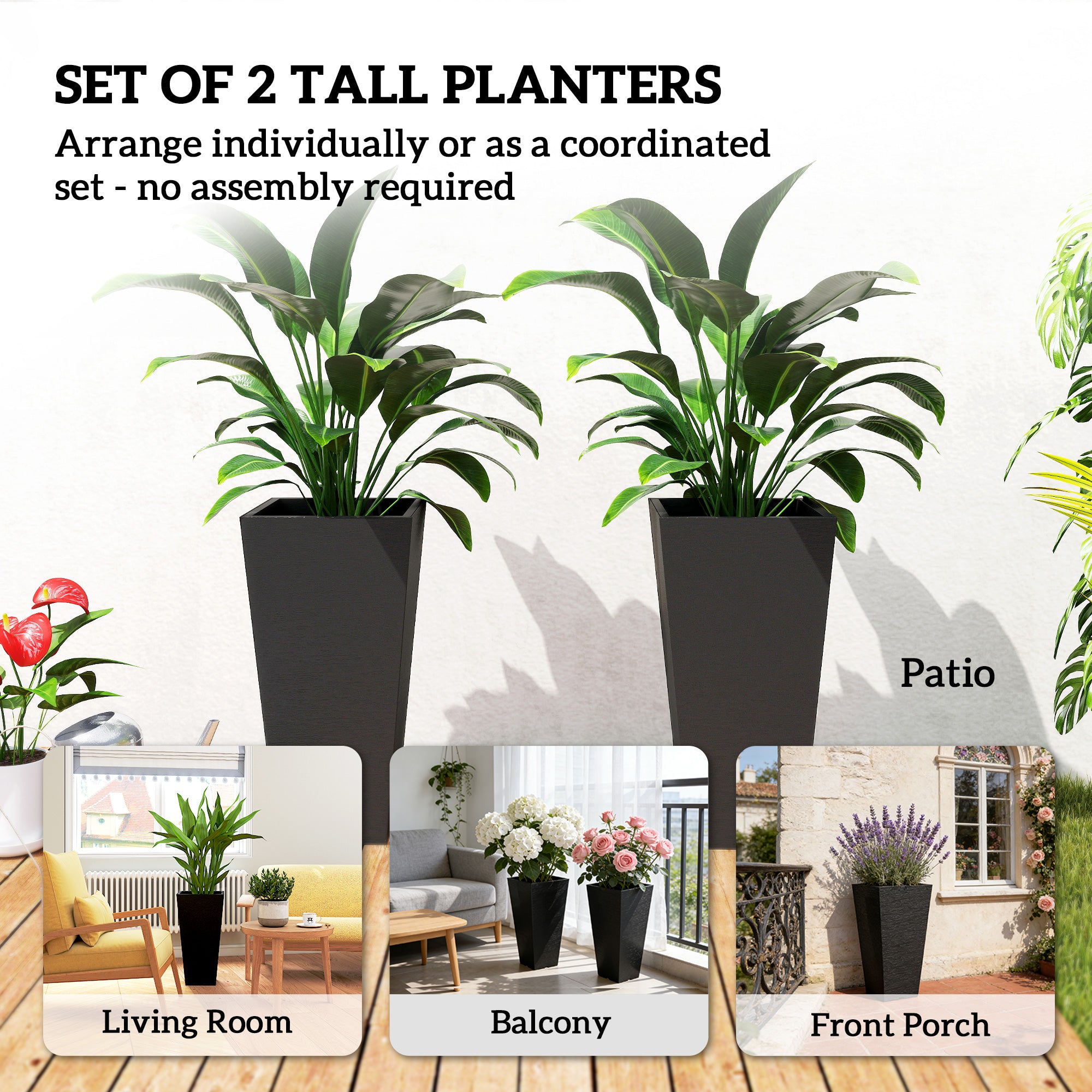 23 Inch Tall Planters for Outdoor Plants, Set of 2 Plastic Flower Pots, for Front Door Patio Garden Use