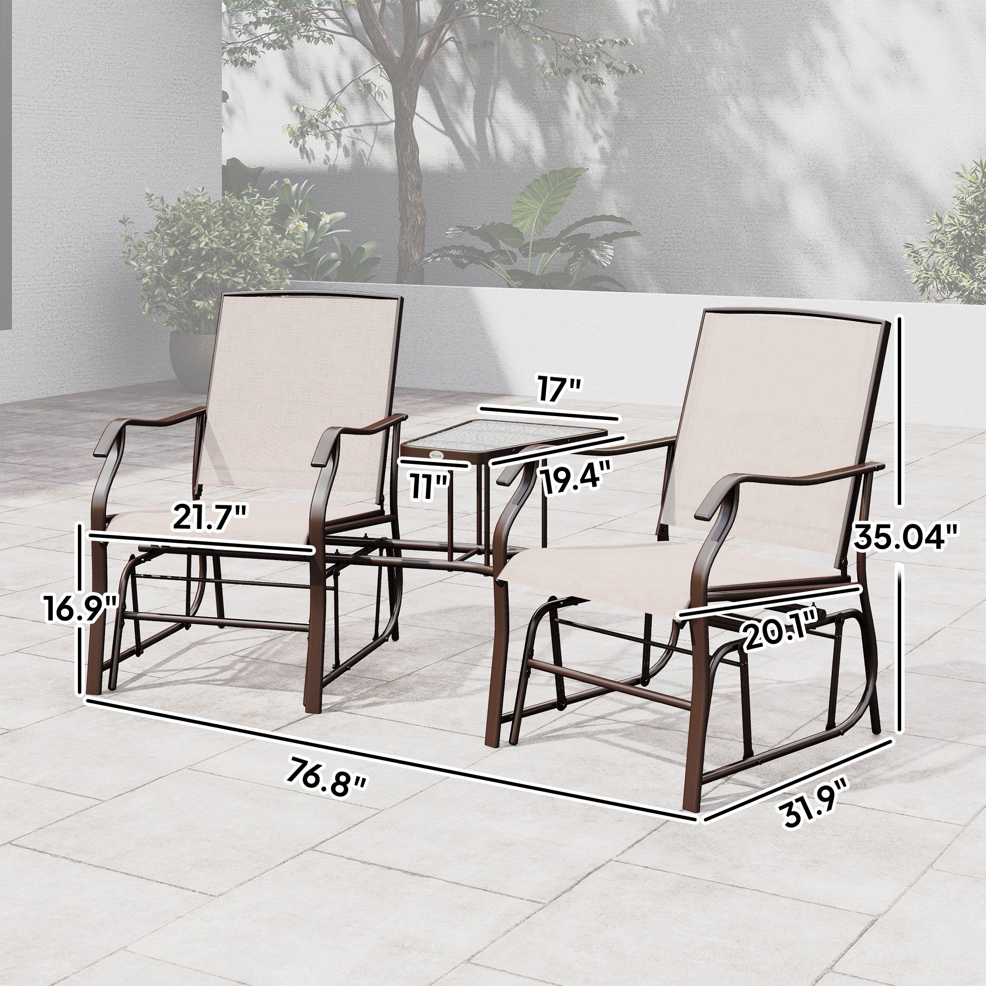 Outdoor Glider Chairs with Coffee Table, Patio 2-Seat Rocking Chair Swing Loveseat with Breathable Sling for Backyard, Garden, and Porch