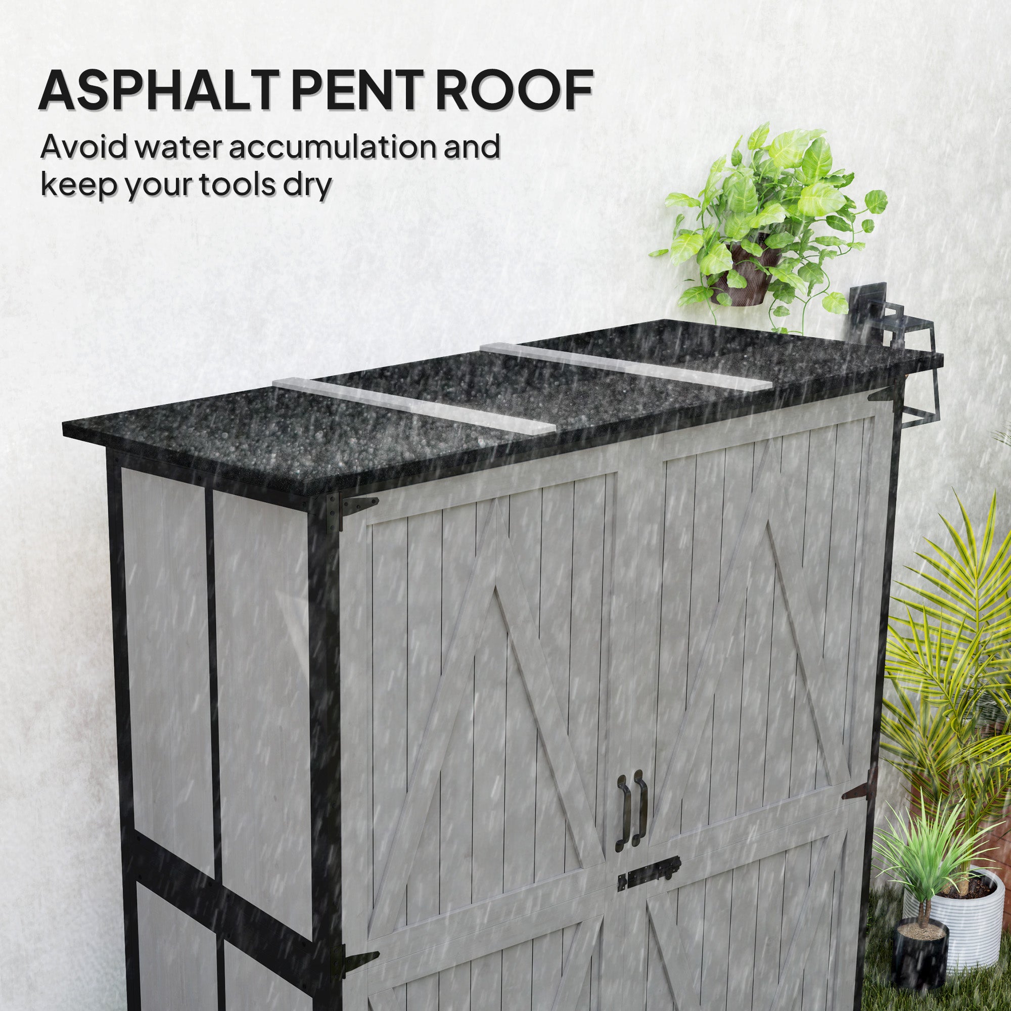 Wood Storage Shed, Outdoor Garden Shed with Asphalt Roof, 2 Shelves, Lockable Doors and Adjustable Feet