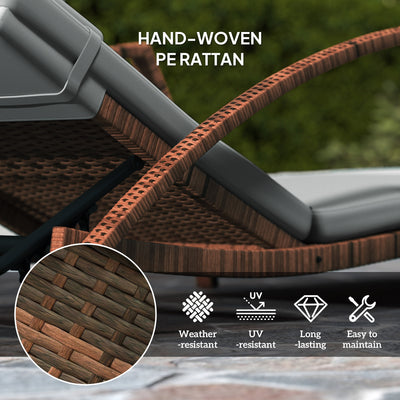 Set of 2 Wicker Chaise Lounge Chair Outdoor Patio Lounger with 5 Adjustable Back, Wheels, Cushion, and Armrests, Gray