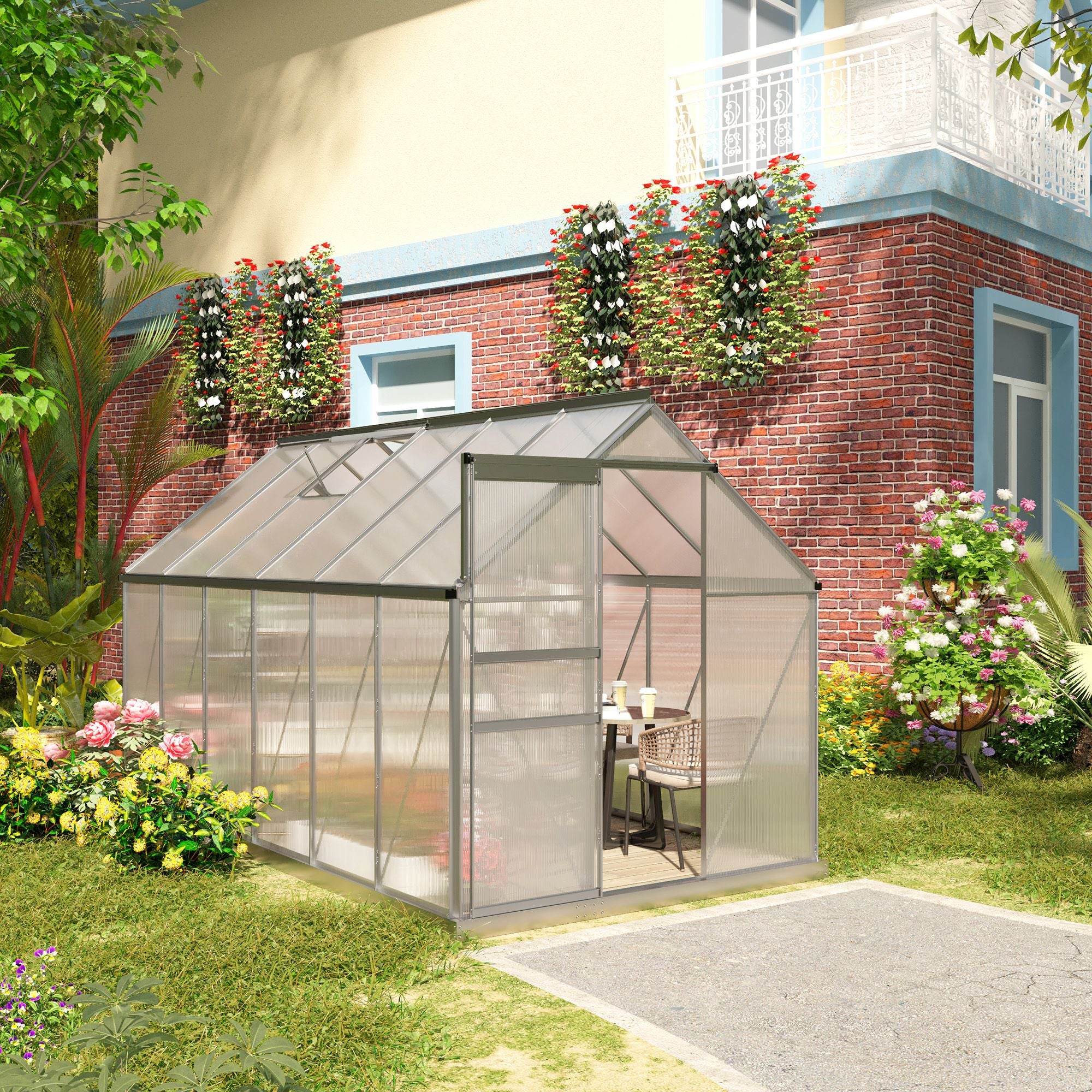 6' x 6' x 6.5' Polycarbonate Greenhouse with Aluminum Frame, Walk-in Heavy Duty Green House with Adjustable Roof Vent, Rain Gutter and Sliding Door for Winter, Silver