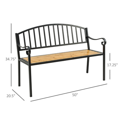 50" Garden Bench, Patio Loveseat with Antique Backrest, Wood Seat and Steel Frame for Backyard or Porch