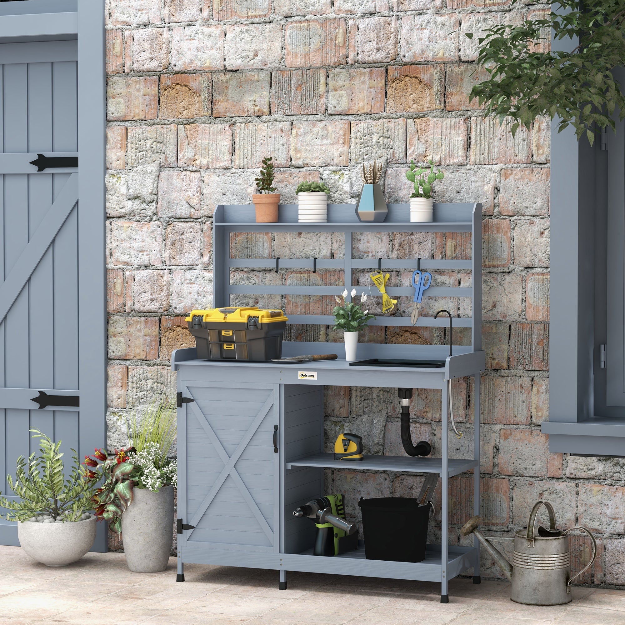 Wooden Potting Bench with Storage, Sink, Water Tap for Backyard, Patio, Balcony