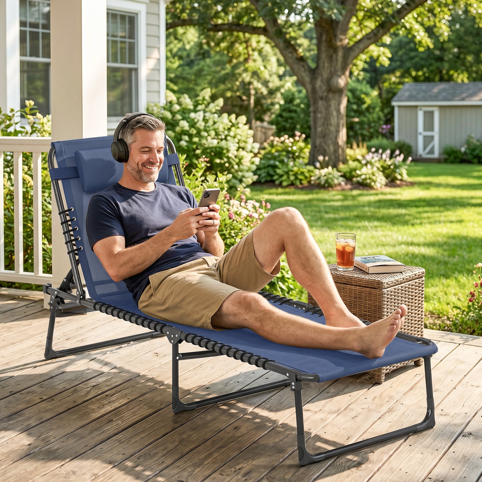 Folding Chaise Lounge Pool Chair with 4-Position Reclining Back, Pillow, Breathable Mesh & Bungee Seat, Dark Blue
