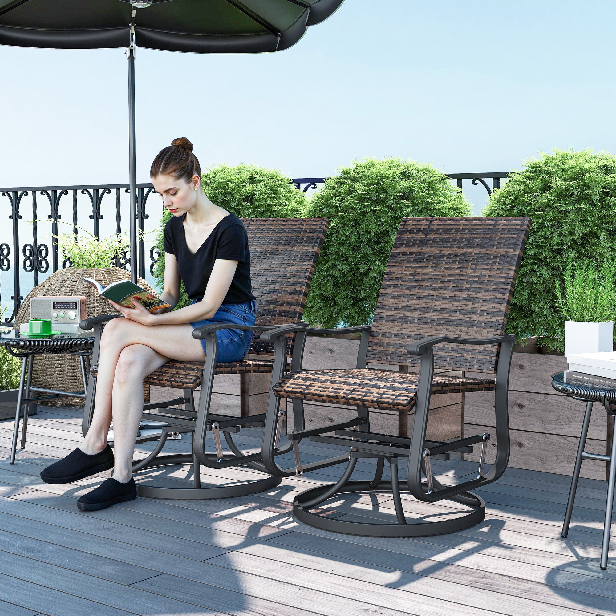 Wicker Rattan Swivel Patio Glider Chair Set of 2, Outdoor Glider Chair with Steel Frame, High Back, Armrests