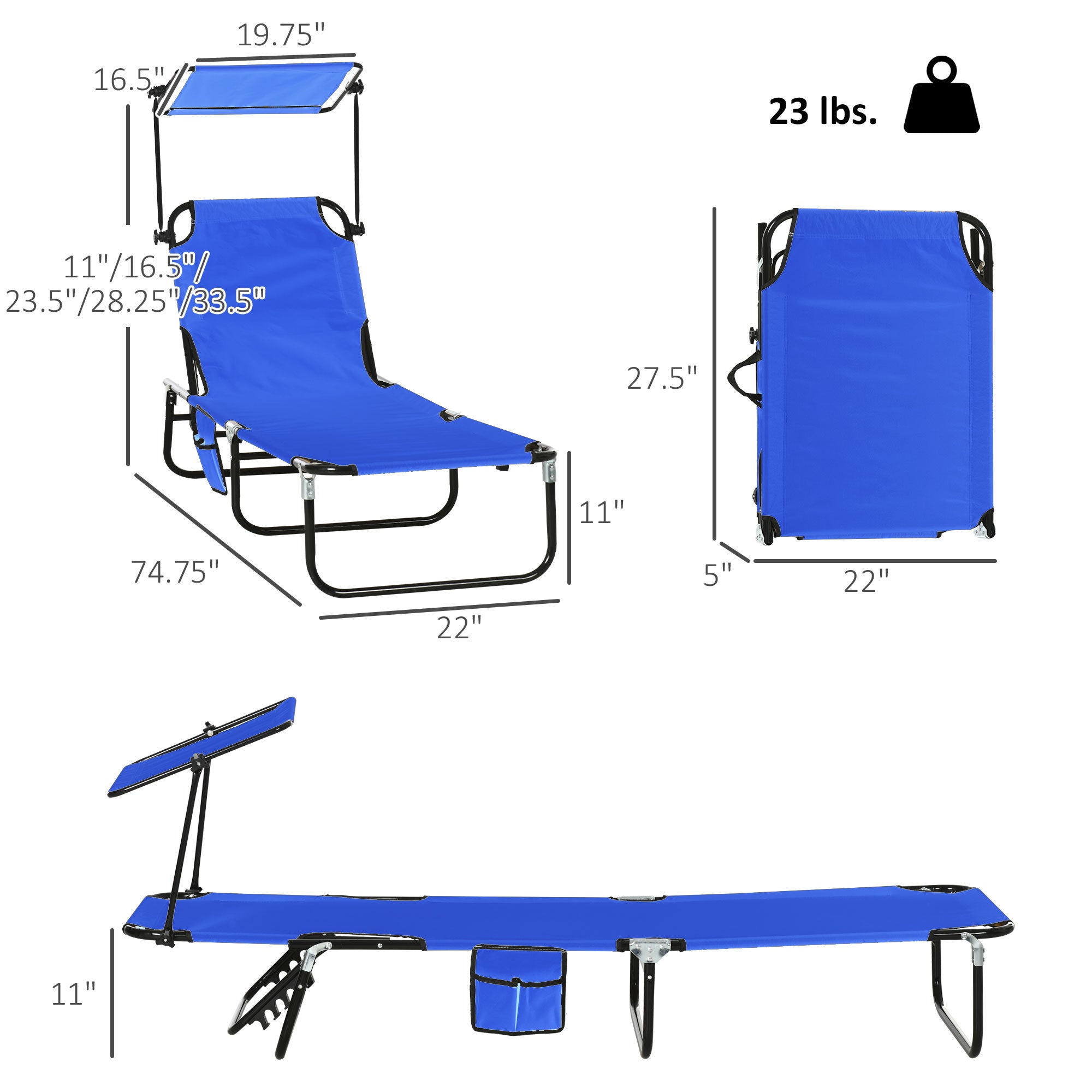 Chaise Pool Lounge Chairs Set of 2, Outdoor Sun Tanning Chairs, Reclining Back, Steel Frame and Side Pocket