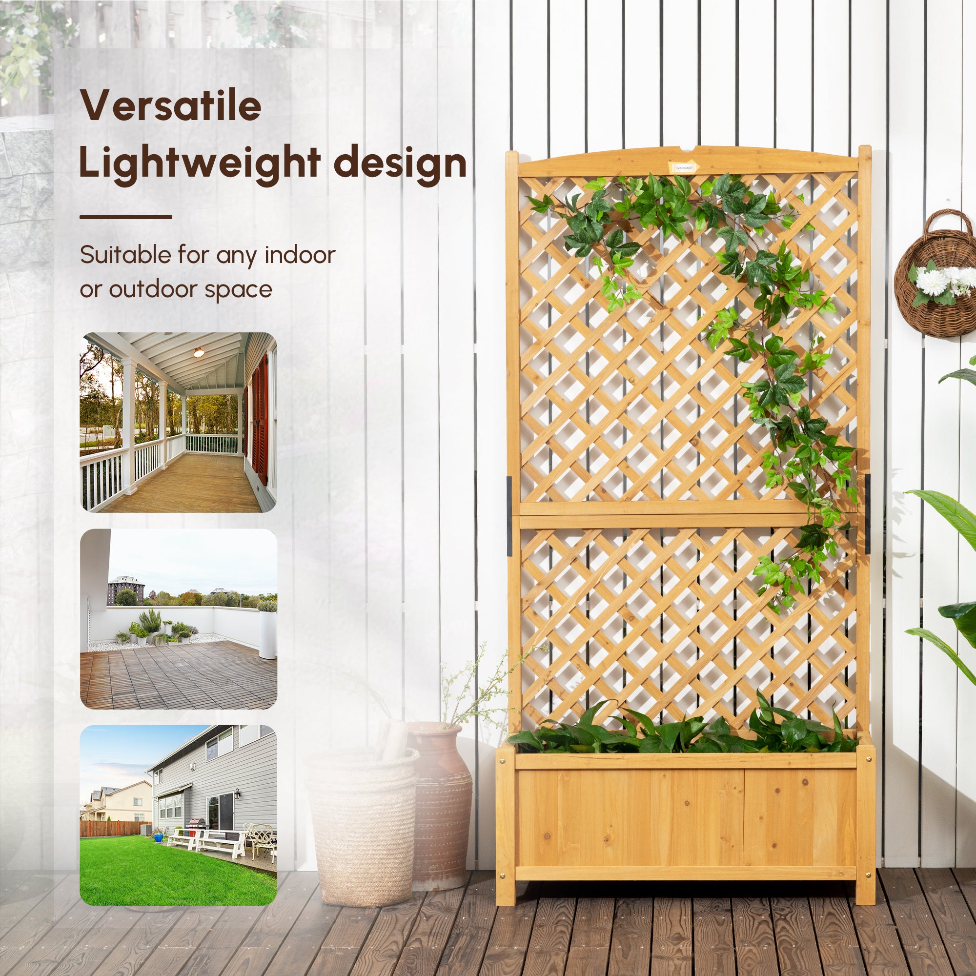 Wooden Raised Garden Bed with Trellis, Outdoor Planter Box with Drainage Crevices for Climbing Vine Plants Flowers, 24" x 12" x 49"