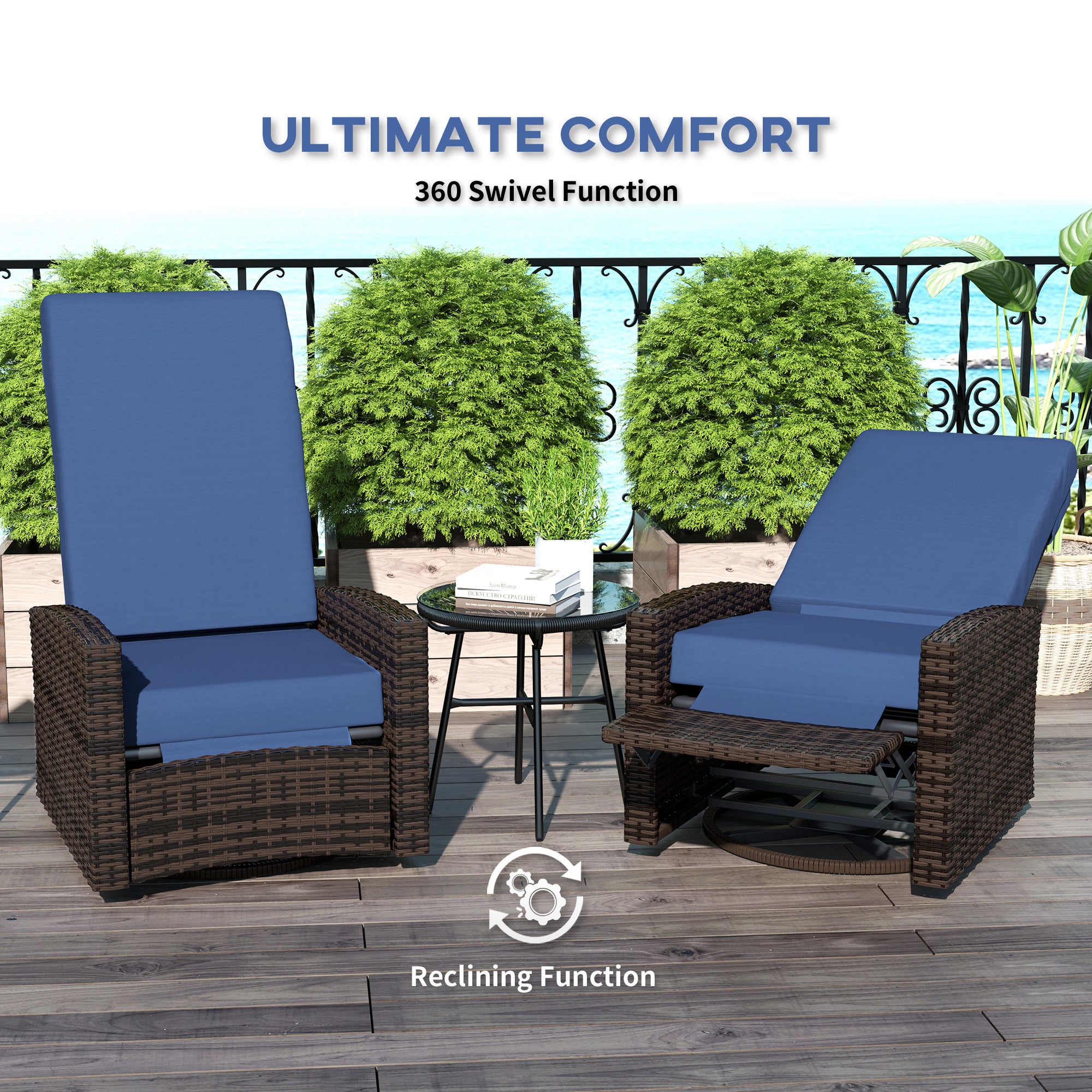 Outdoor Wicker Swivel Recliner Chair, Lifting Footrest, 360° Rotating Basic, Water-resistant Cushions, Dark