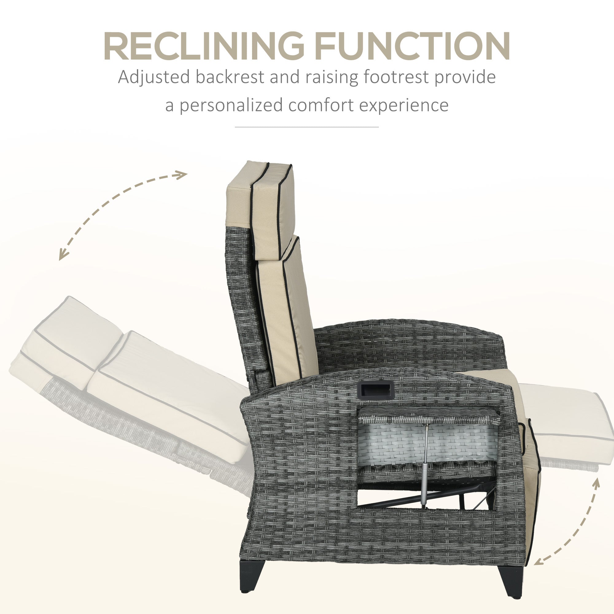 Outdoor Recliner Chair with Cushions, Reclining Patio Lounge Chair with Adjustable Footrest, Armrests, Tray Table