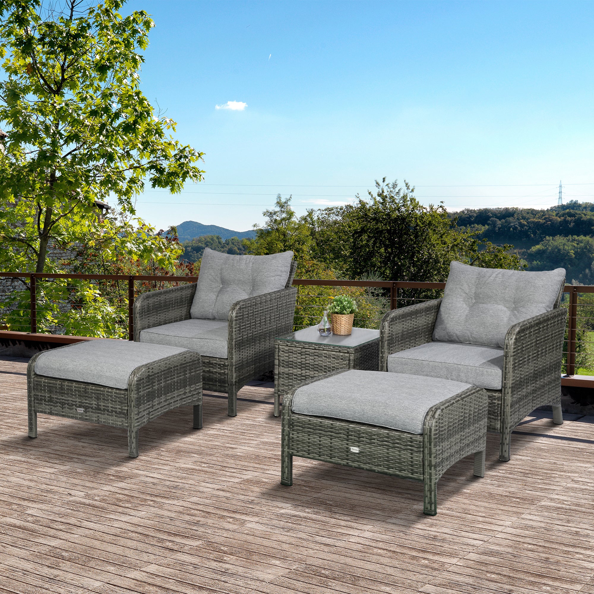5 Pieces Rattan Wicker Lounge Chair Outdoor Patio Conversation Set with 2 Cushioned Chairs, 2 Ottomans and Tempered Glass Top Coffee Table