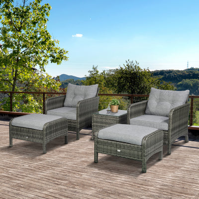 5 Pieces Rattan Wicker Lounge Chair Outdoor Patio Conversation Set with 2 Cushioned Chairs, 2 Ottomans and Tempered Glass Top Coffee Table