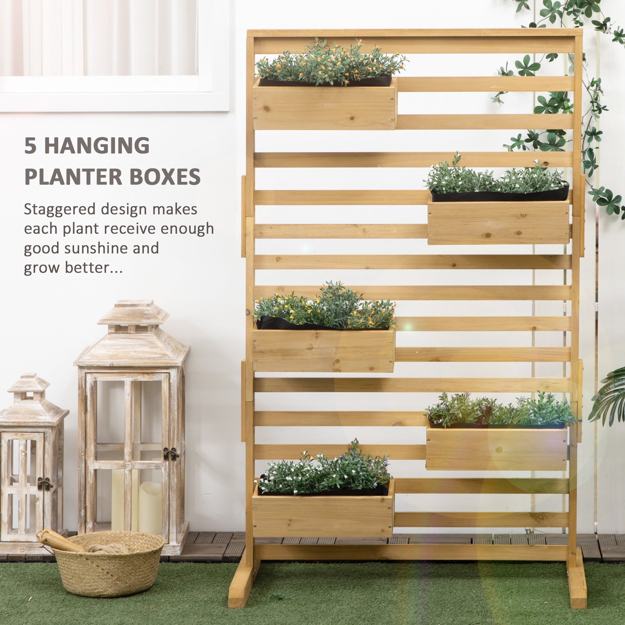 Wooden Plant Trellis Stand with 5 Hanging Planter Boxes, Freestanding Outdoor Plant Stand for Patio, Garden, Balcony, Porch