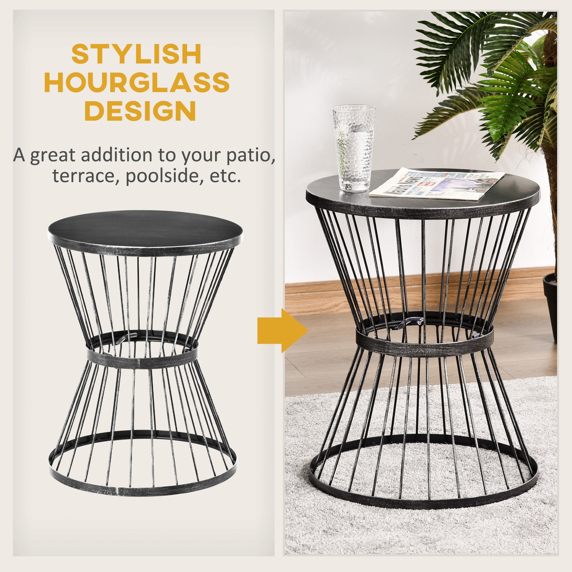 16" Steel Patio Side Table, Garden End Table with Hourglass Design, Accent Table for Outdoor and Indoor Use, Distressed