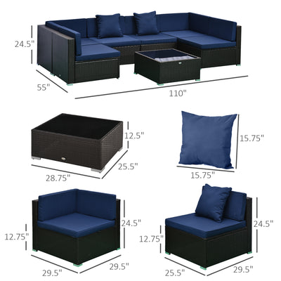 7 Piece Patio Furniture Set, Wicker Outdoor Sectional Sofa Set, All Weather PE Rattan Outdoor Furniture Conversation Sets with Cushions, Glass Top Coffee Table, Pillows, Dark Blue
